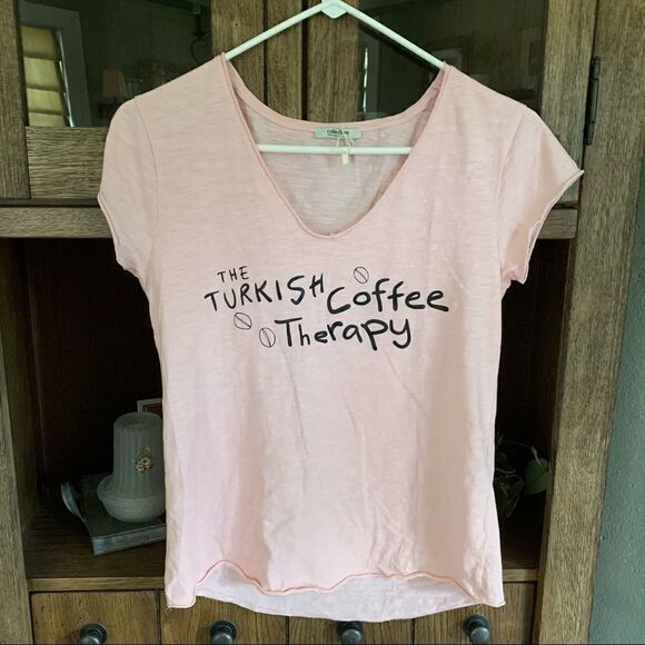 Soft Peach Turkish Coffee Therapy V neck TShirt - Picture 1 of 6